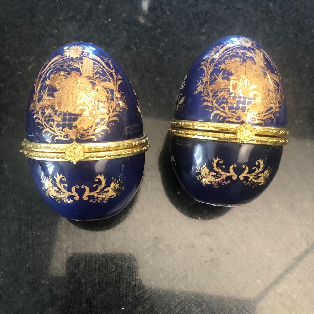 Limoges Cobalt and Gold Standing Hinged Trinket Boxes